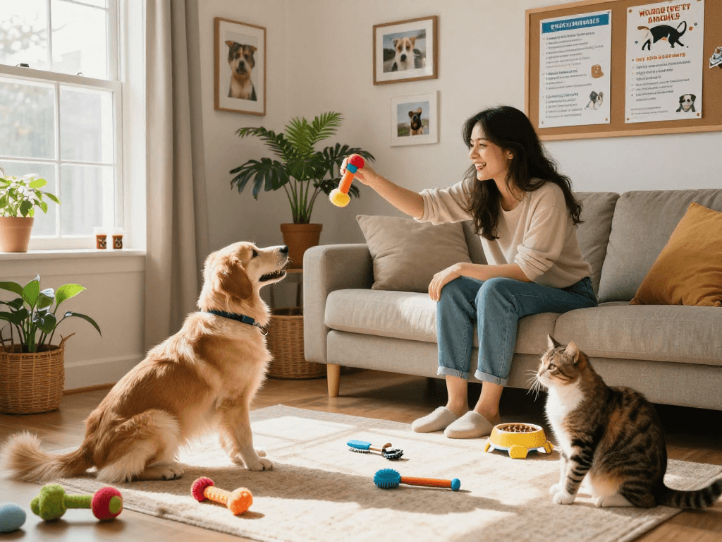 Engaging pet care scene with rokok88 community members sharing joyful moments with pets in a cozy living room.