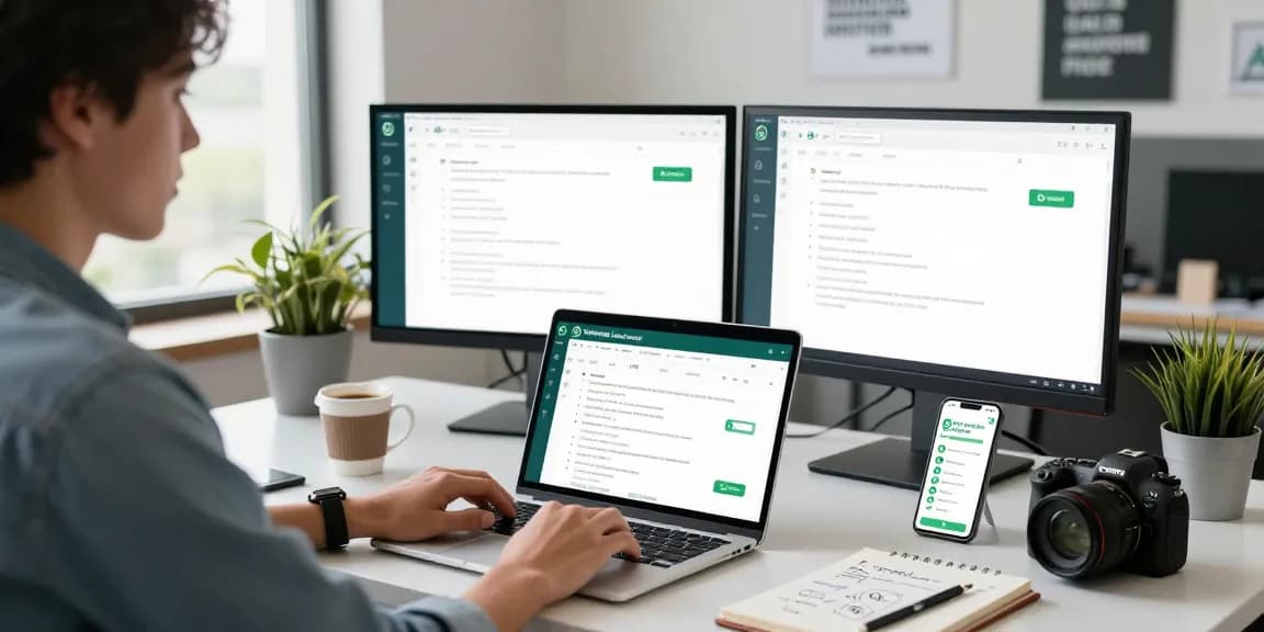 Professional using WhatsApp網頁版 on a laptop in a modern office.
