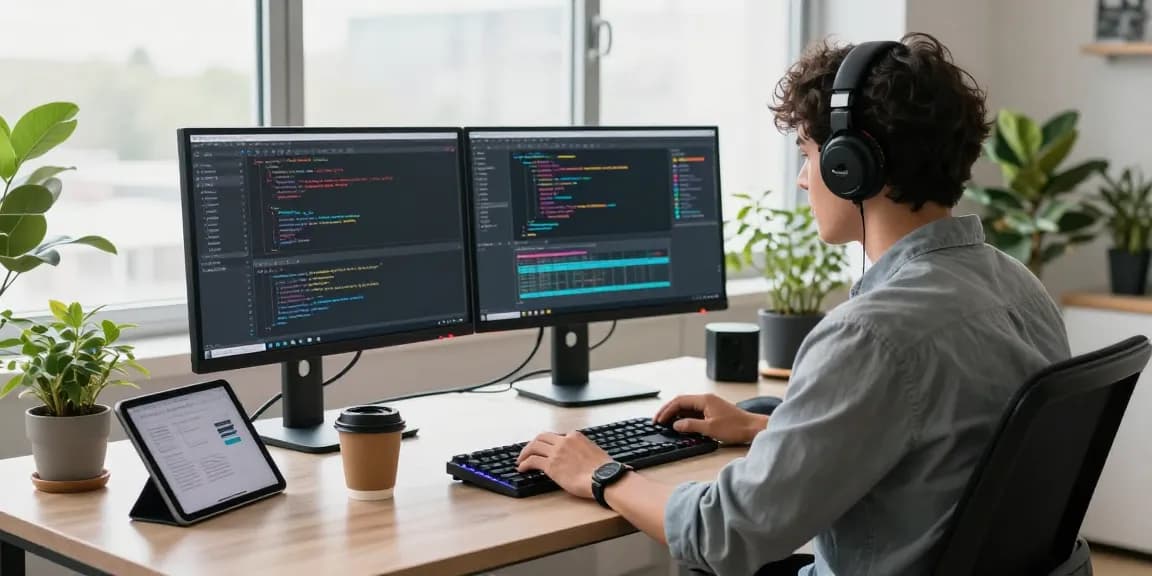 快连 application coding scene with developer at a modern desk showcasing a productive tech environment.