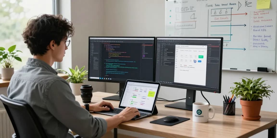 Build internal tools with AI in a modern development workspace featuring a developer engaged in coding and project management.