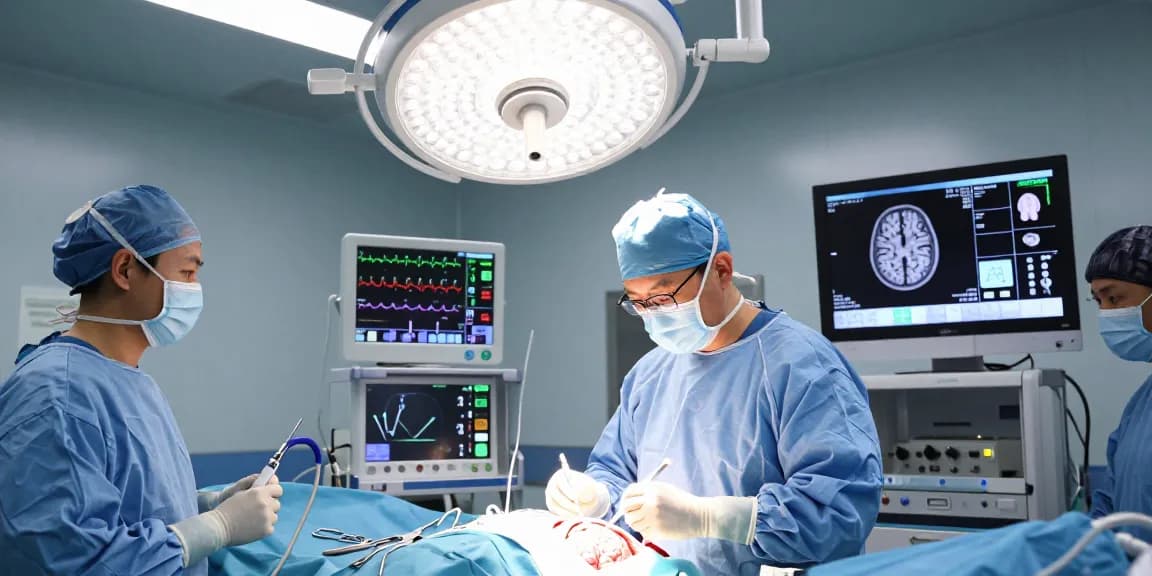 Beyin ameliyatı in an operating room showing the surgical team focused on a brain surgery procedure with advanced technology.