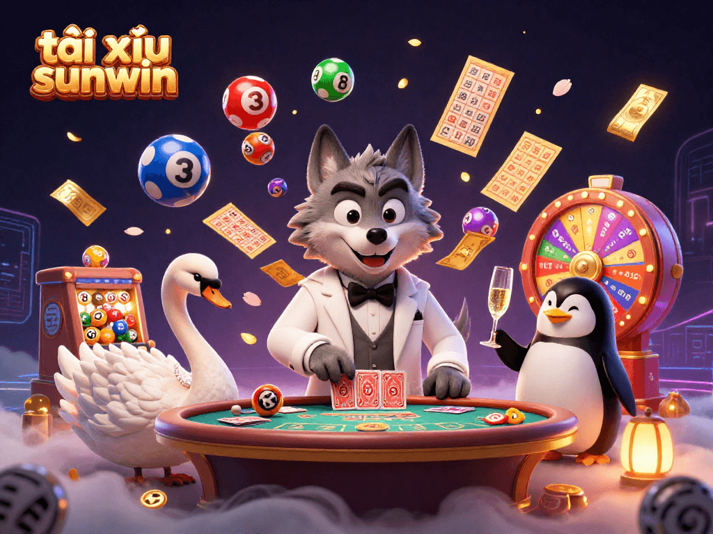 Play exciting tài xỉu sunwin with vibrant casino elements, featuring dynamic characters and colorful lottery balls.