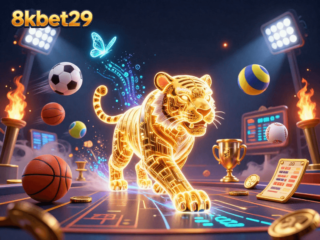 Experience excitement with 8kbet29 through a vibrant digital casino scene filled with energy and sports elements.