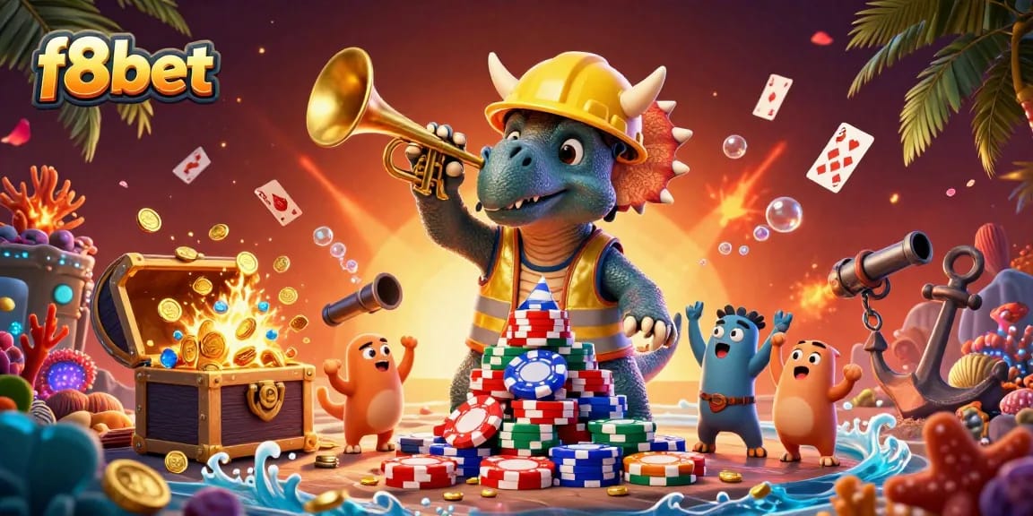 Win big at f8bet with a vibrant scene featuring dinosaur characters celebrating in a rich casino atmosphere.