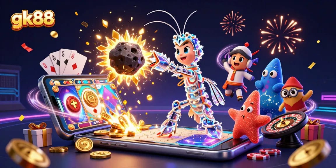 gk88 pulls in riches with a samurai mantis shrimp amidst exploding gems in a vibrant casino scene.