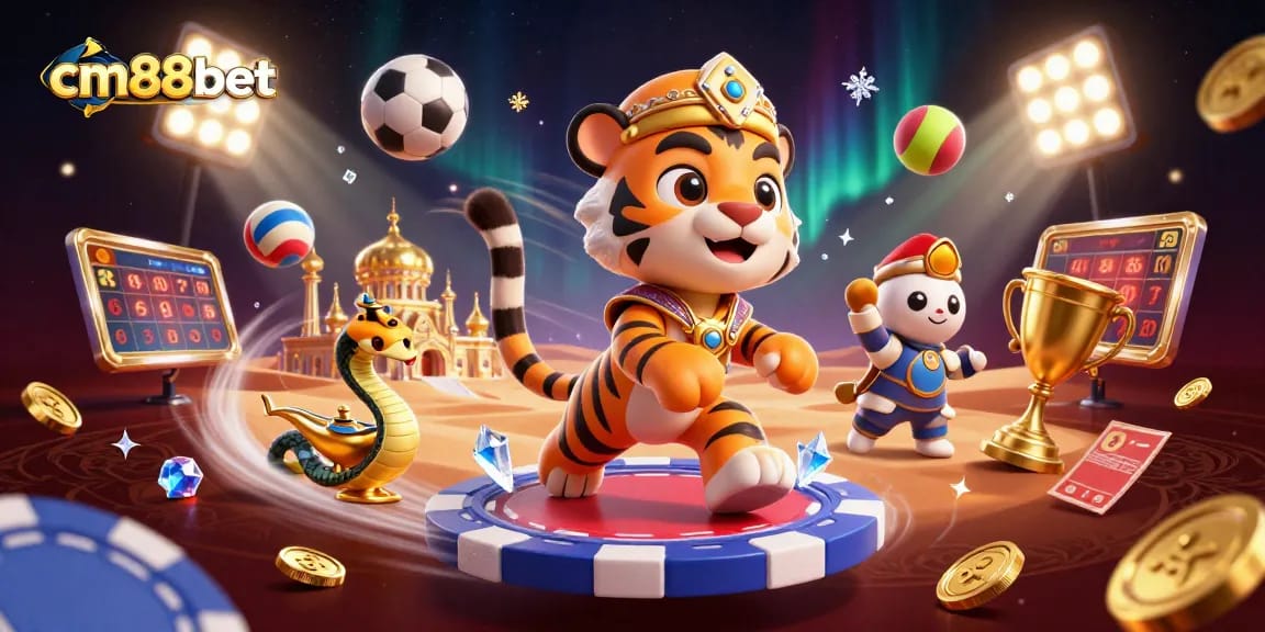 Experience the excitement of cm88bet with this vibrant 3D casino illustration featuring a tiger sultan and sports elements.
