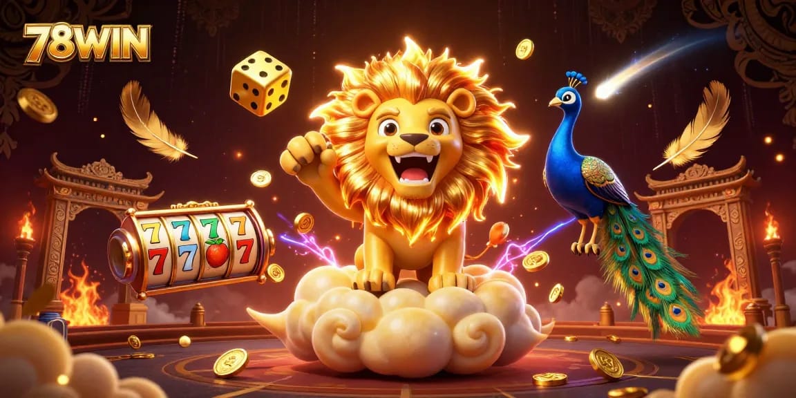 Experience the thrill of 78WIN with vibrant golden slots and a roaring sun lion, capturing the essence of online gambling.