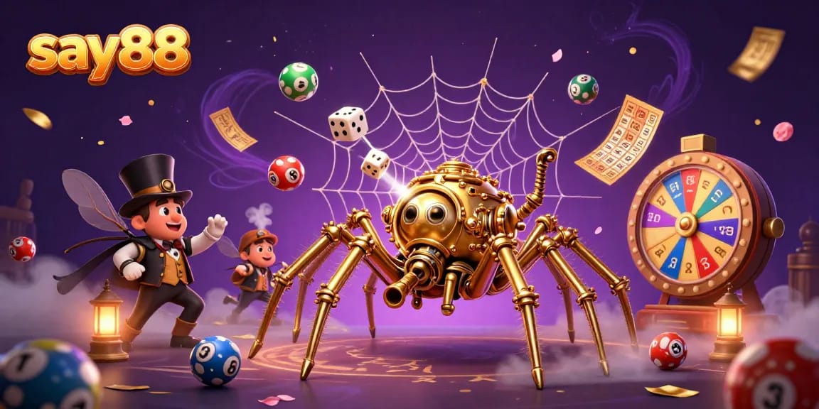 Say88 captivates players with an elaborate casino scene showcasing dynamic lottery elements and steampunk characters.