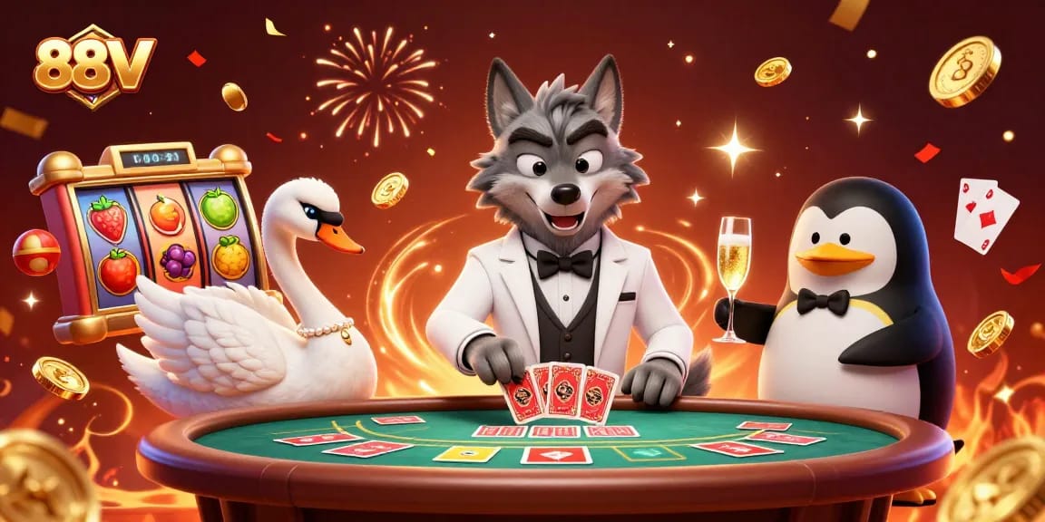 Play exciting games at 88VV casino featuring a whimsical wolf, elegant swan, and sophisticated penguin amidst vibrant slot action.