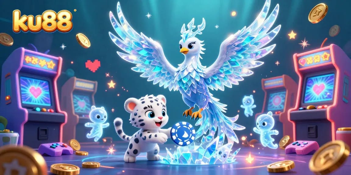 Spin to win with ku88's vibrant 3D casino scene featuring a phoenix, ice sprites, and poker elements.