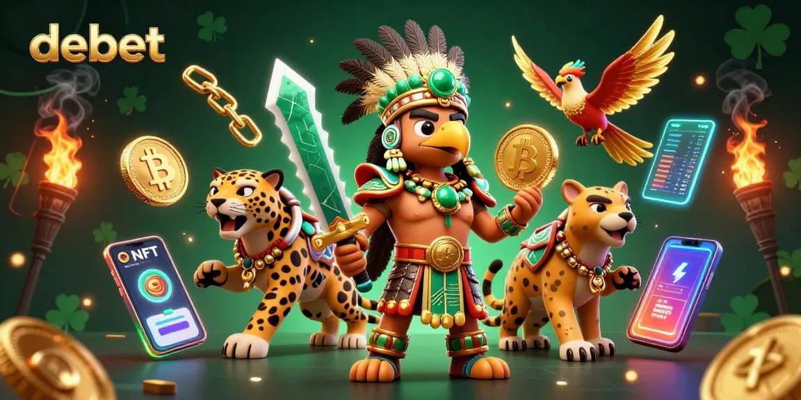 Engage with debet for exciting slot games highlighted by an Aztec warrior and crypto elements.