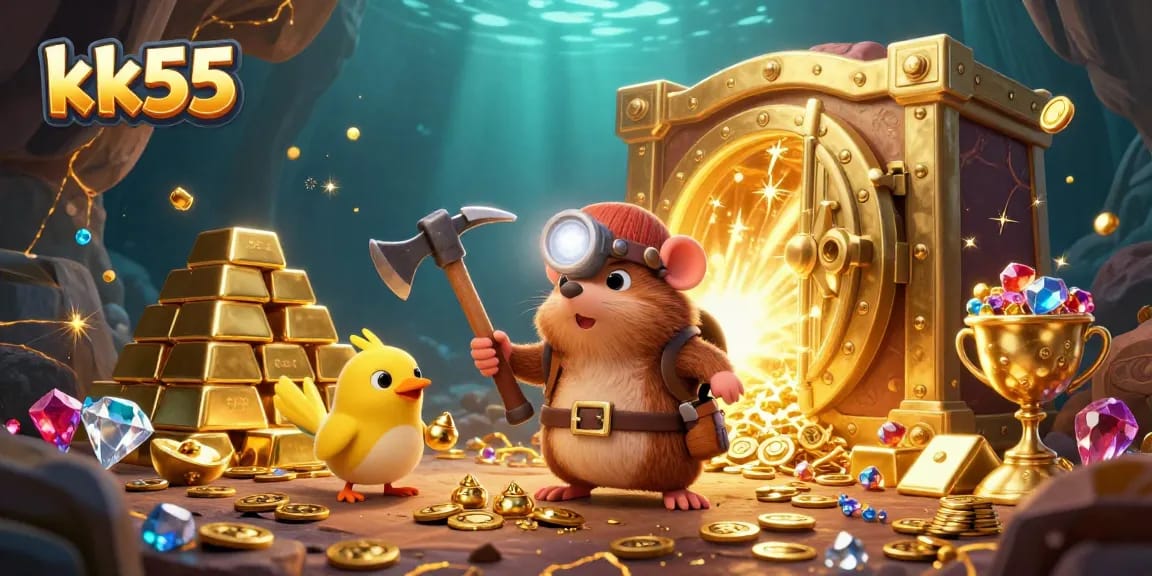 Experience the excitement of kk55 casino with a treasure hunter and glowing gems.