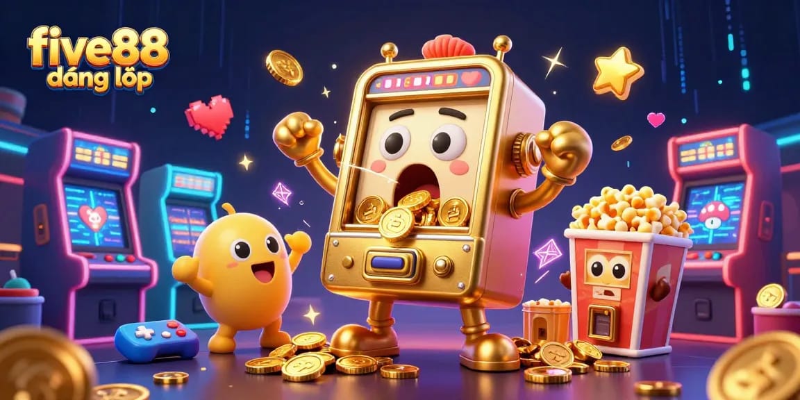 Experience excitement with five88 đăng nhập as the golden slot machine hits a jackpot amid vibrant gaming elements.