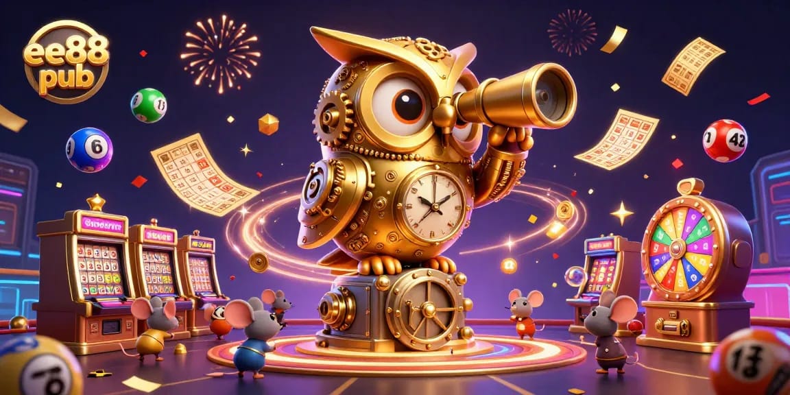 Engage with the vibrant gambling scene at ee88 pub, featuring a whimsical golden owl and animated slot machines.