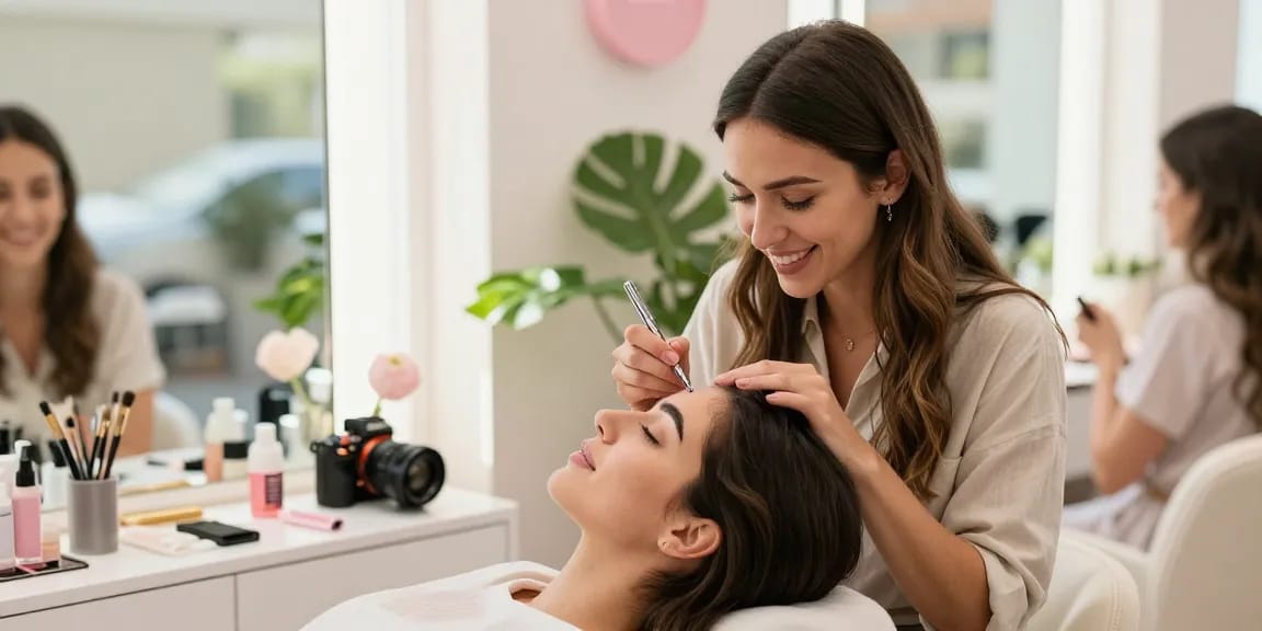 Permanente wenkbrauwen applicatie in een lichte schoonheidssalon, met een zelfverzekerde vrouw die make-up ontvangt.