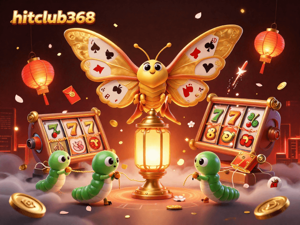 Experience hitclub368's thrilling casino games with a vibrant 3D illustration showcasing golden moths and slot elements.