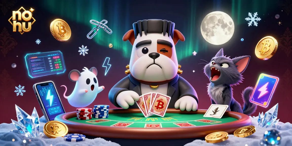 Engage with no hu's thrilling gameplay in this vibrant 3D casino scene featuring a bulldog dealer.