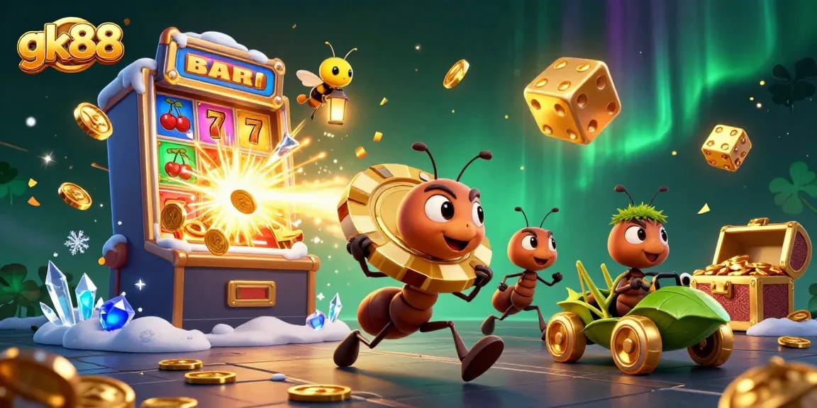 Experience thrilling jackpots and adventures at gk88 with cartoon ants in a casino heist.