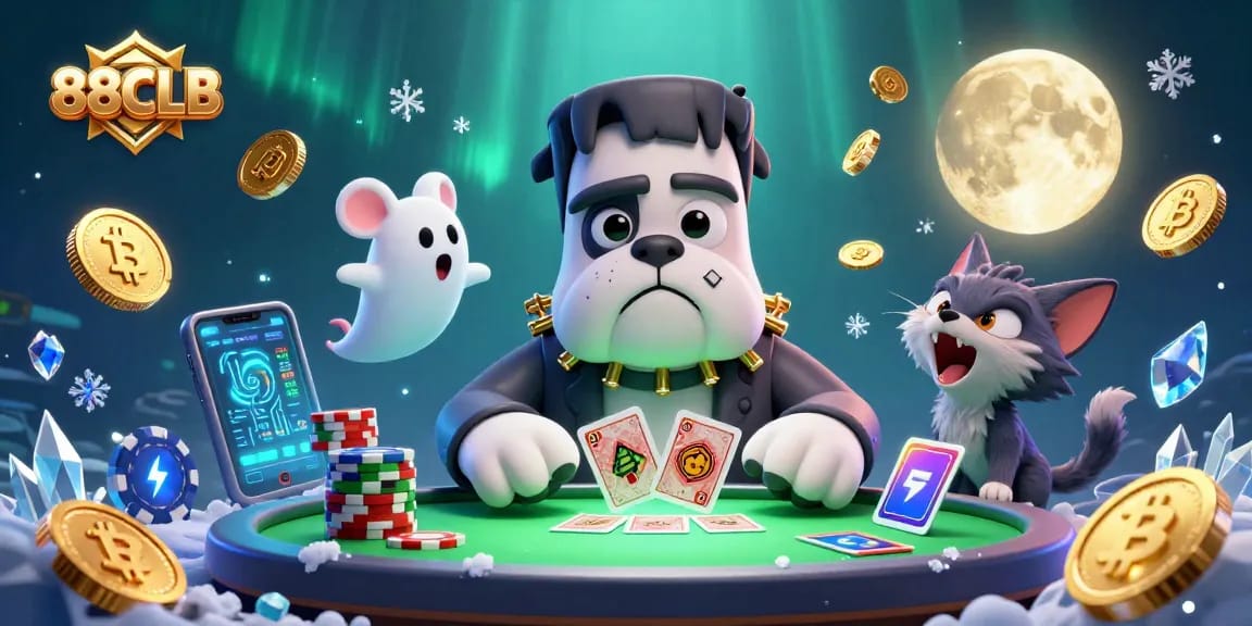 Experience thrilling games at 88CLB with a card-dealing bulldog and ghostly mouse in this captivating scene.