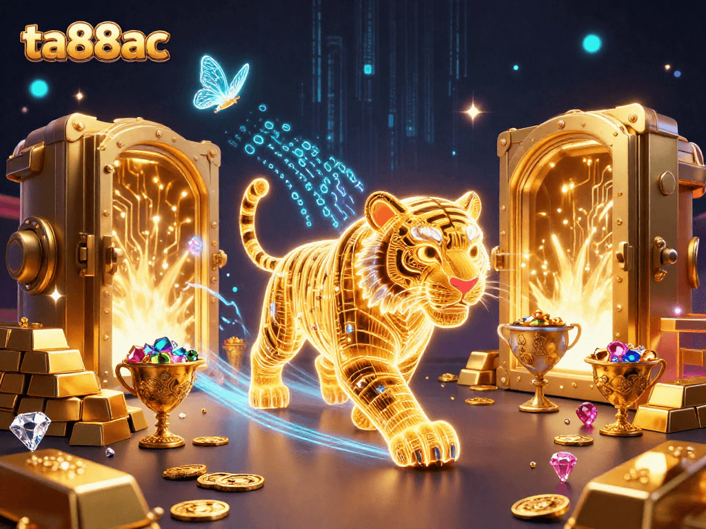 Experience ta88ac's vibrant casino scene with a neon golden tiger amid treasures and holographic elements.