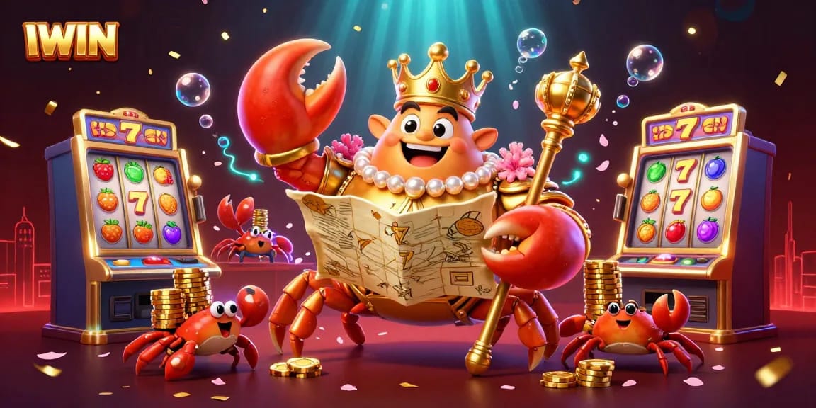 Play lucky slots with IWIN in this vibrant 3D casino illustration featuring a golden crab emperor.