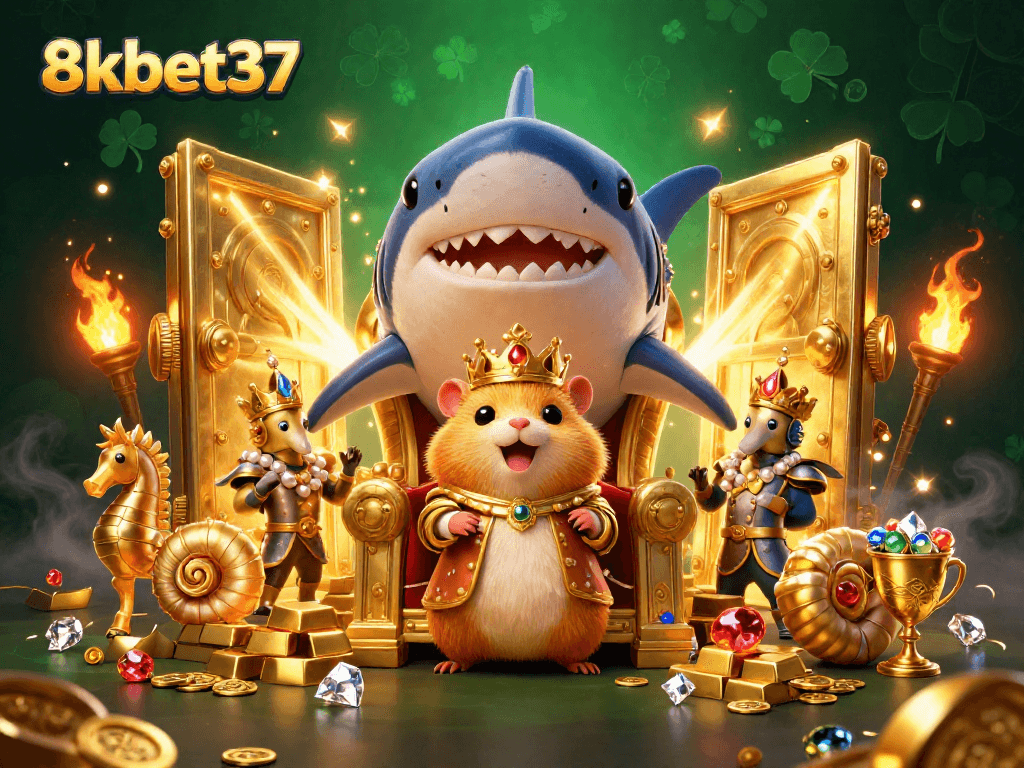 Experience the world of 8kbet37 with a golden hamster king and treasures in this vibrant casino scene.