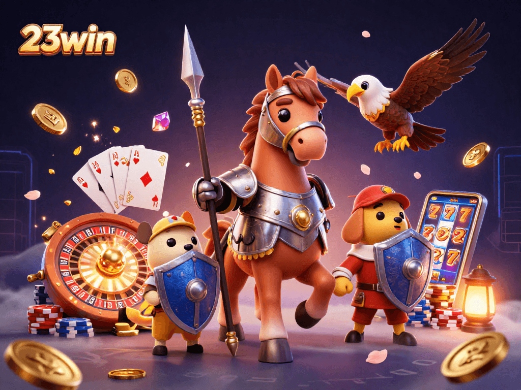 Experience thrilling action at 23win with a dynamic illustration of medieval characters amid casino games.