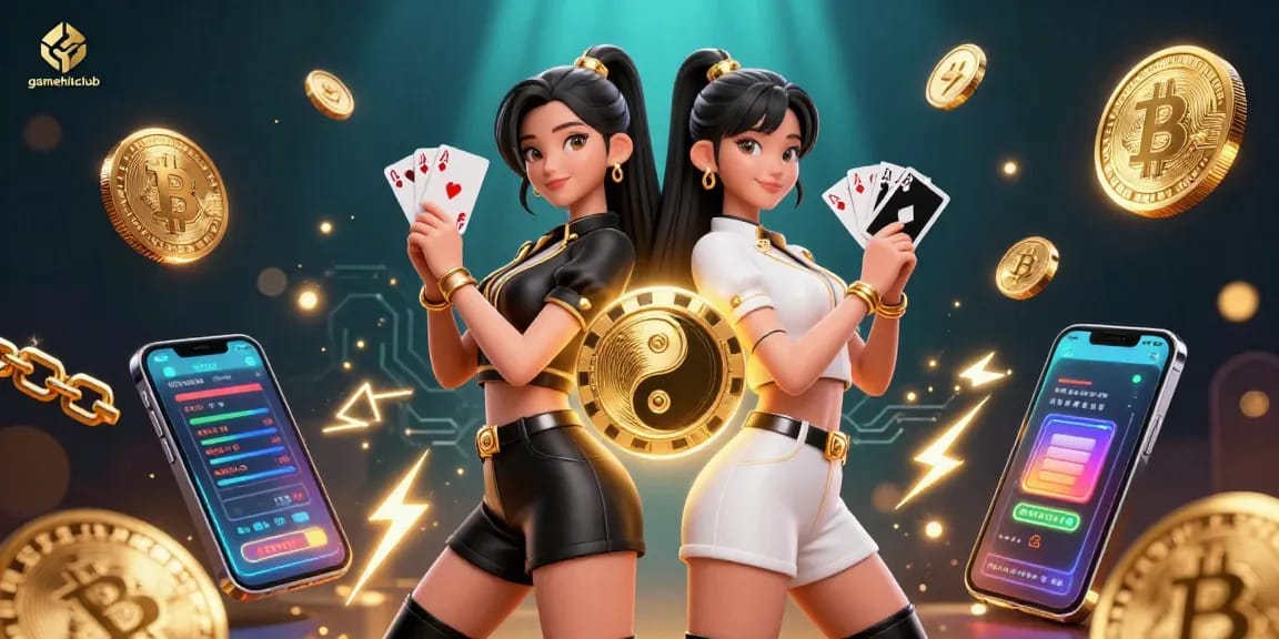 Engage in exciting gaming at gamehitclub with stunning visuals of twin Asian women casting cards.