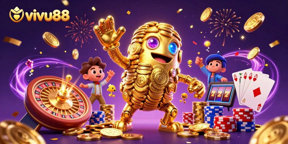 Experience the thrill of vivu88 with a dazzling golden golem and dynamic casino elements.