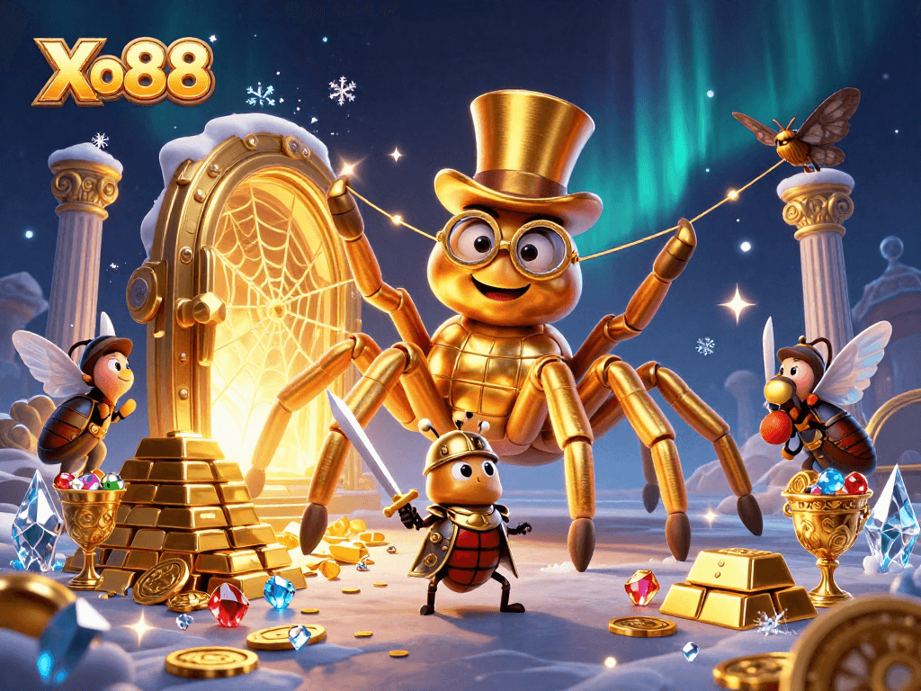 Engage with Xo88's vibrant gaming world featuring a golden tarantula weaving a web among riches.