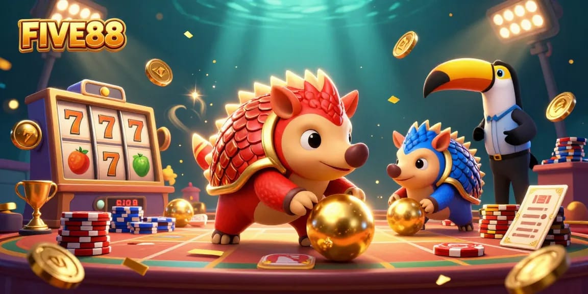 Engage with the thrill of FIVE88 as pangolins roll golden balls through poker chips in a dynamic casino scene.