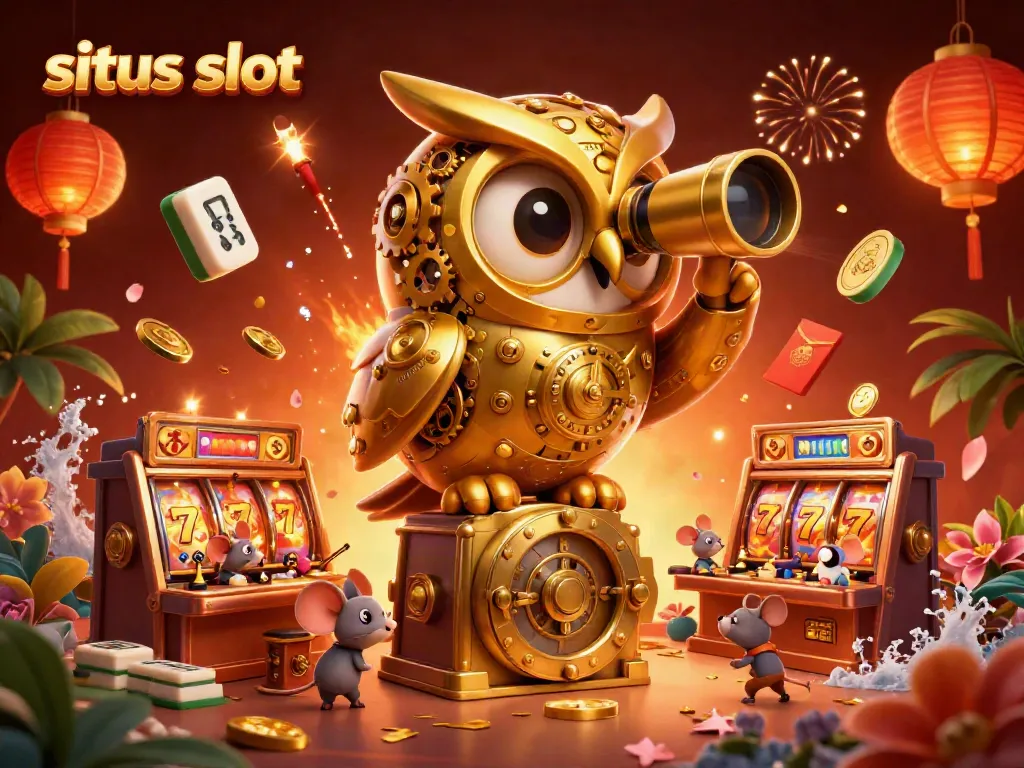Experience thrilling gameplay on situs slot with a whimsical 3D scene featuring an owl, slot machines, and lucky symbols.