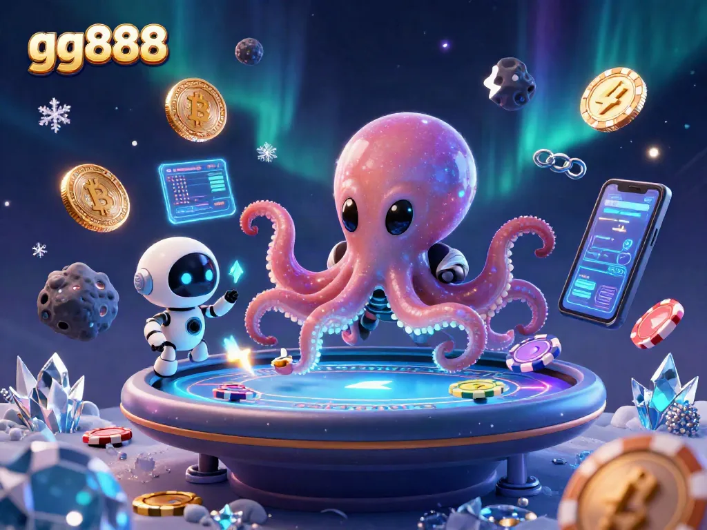 Engaging 3D casino illustration showcasing gg888 with an alien octopus and holographic poker action.