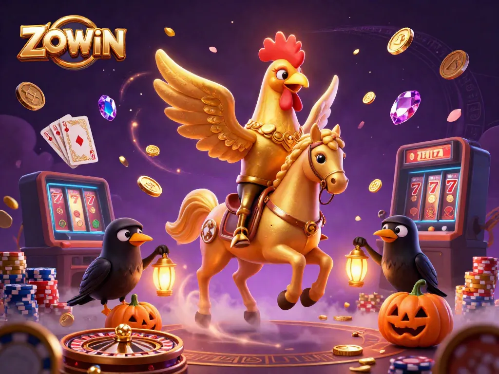ZOWIN invites players into a vibrant casino scene filled with golden treasures and magical characters.