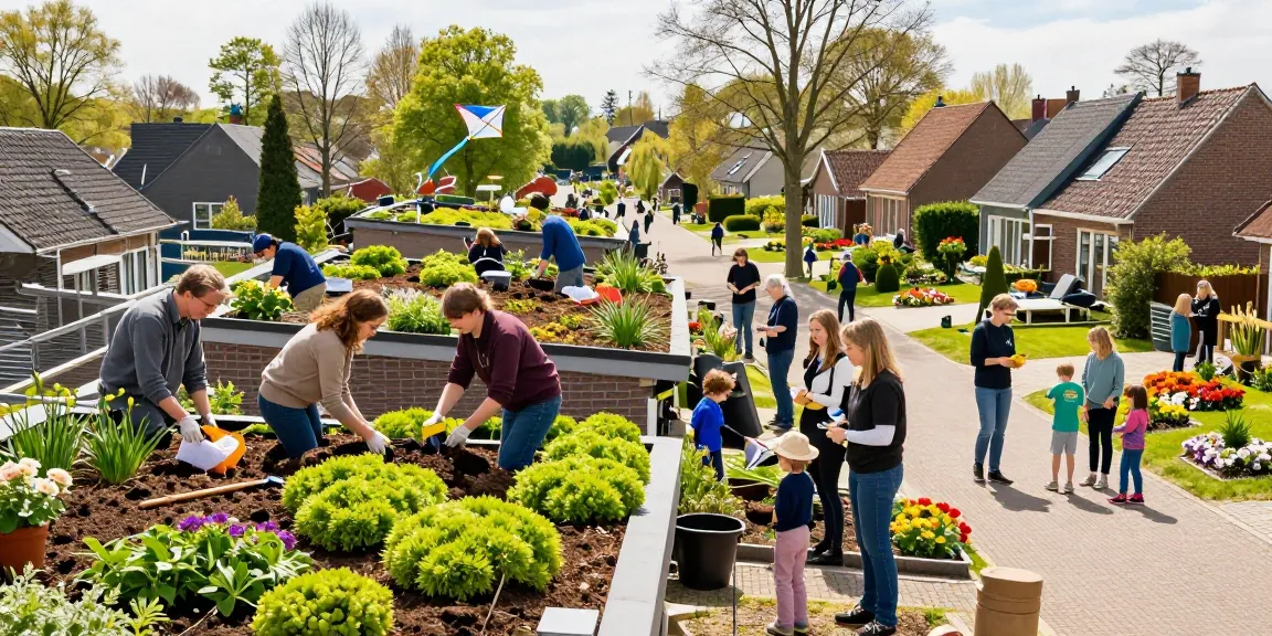 Gemeenschapsleden verbeteren Couwenhoven Zeist met groene daken, met levendige groene begroeiing.
