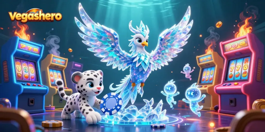 Experience vegashero at this vibrant casino illustration with game elements and animated characters.