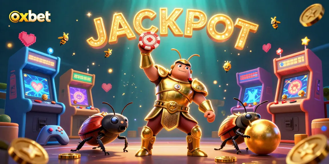 Experience the excitement of oxbet with a vibrant scene highlighting a victorious beetle lifting a poker chip amidst dazzling casino elements.