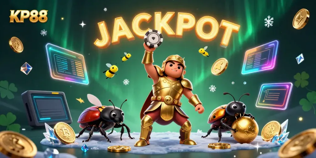 Play KP88 for exciting jackpots with our cartoon beetles and crypto themes in a vibrant scene.