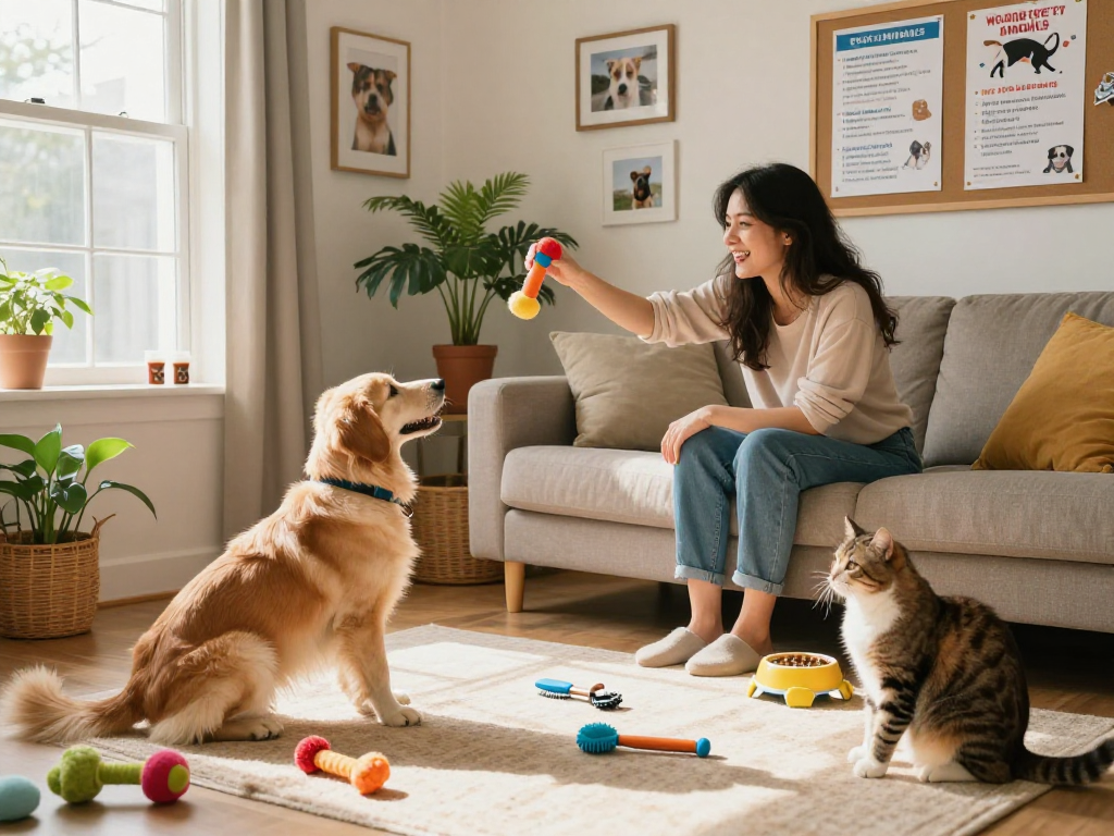 Engaging pet care scene with rokok88 community members sharing joyful moments with pets in a cozy living room.