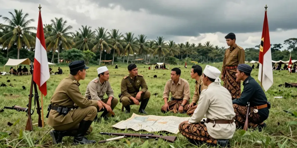 rokok88 reenactment of Dutch-Indonesian War showcasing historical dialogue and strategic discussions in lush setting.
