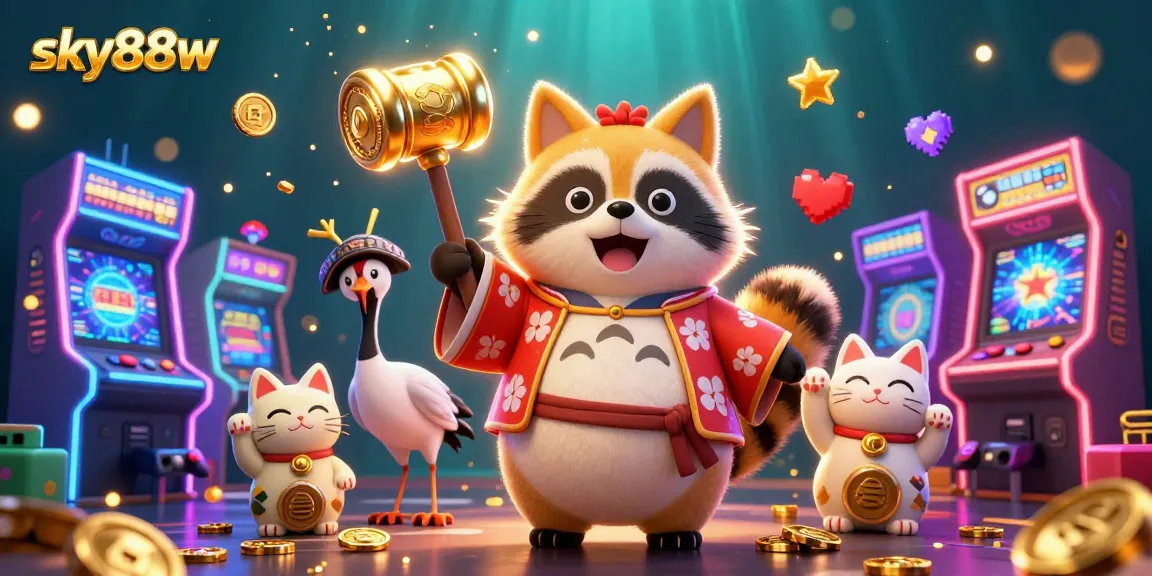 Spin the reels at sky88w with the cheerful tanuki and maneki-neko fortune cats in a vibrant casino scene.