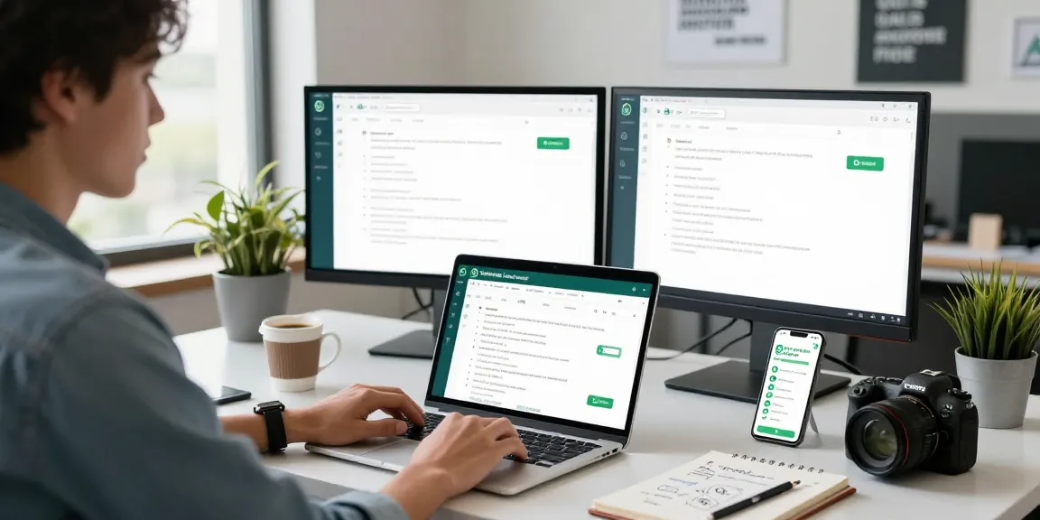 Professional using WhatsApp網頁版 on a laptop in a modern office.