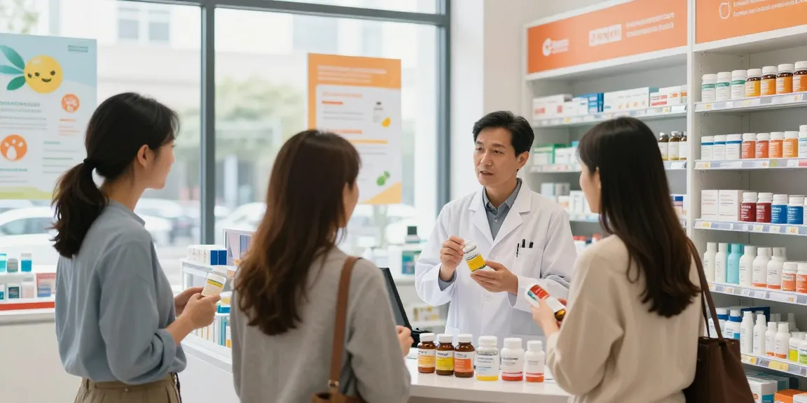 Unieke Pharma Shop: apotheker helpt klanten met gezondheidsproducten in een moderne apotheek