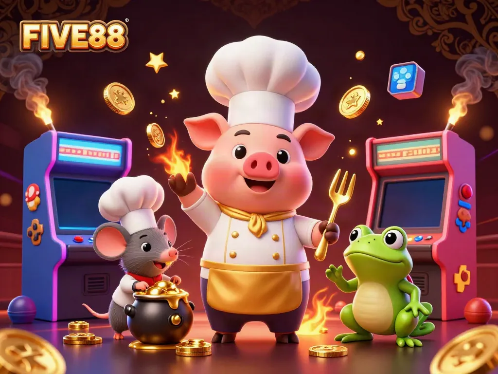 FIVE88's vibrant illustration featuring a pig chef serving gold coins amidst neon gaming elements.