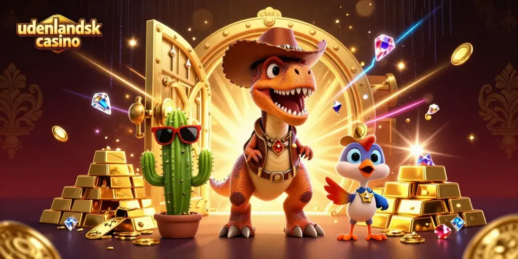 Engage with udenlandsk casino treasures through a thrilling adventure with animated dinosaur and vibrant elements.