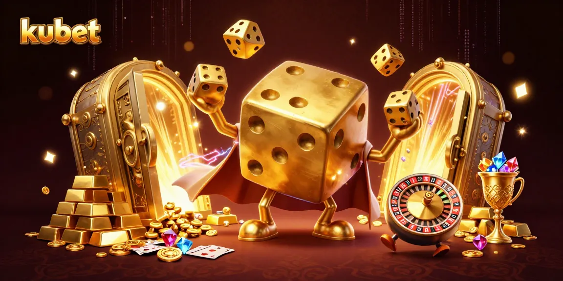 Engage with kubet's vibrant casino scene featuring golden dice golem and treasure motifs.