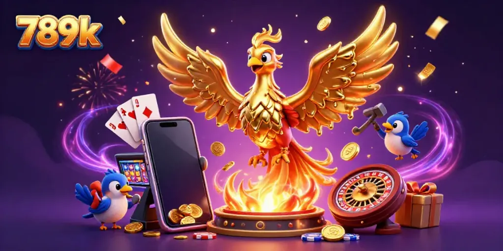 Experience the thrill of winning with 789k's stunning 3D illustration featuring a golden phoenix and vibrant casino games.