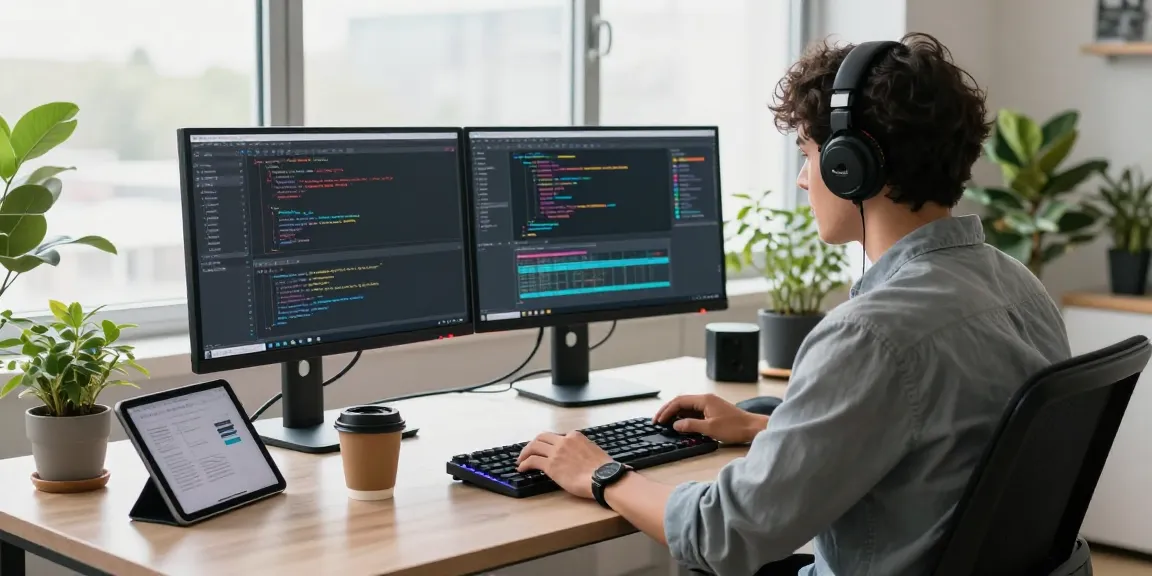 快连 application coding scene with developer at a modern desk showcasing a productive tech environment.
