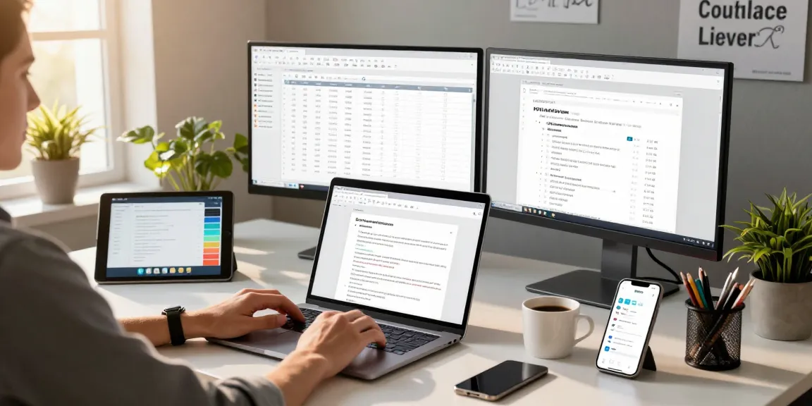 Download WPS Office in a modern workspace with dual monitors and digital tools.