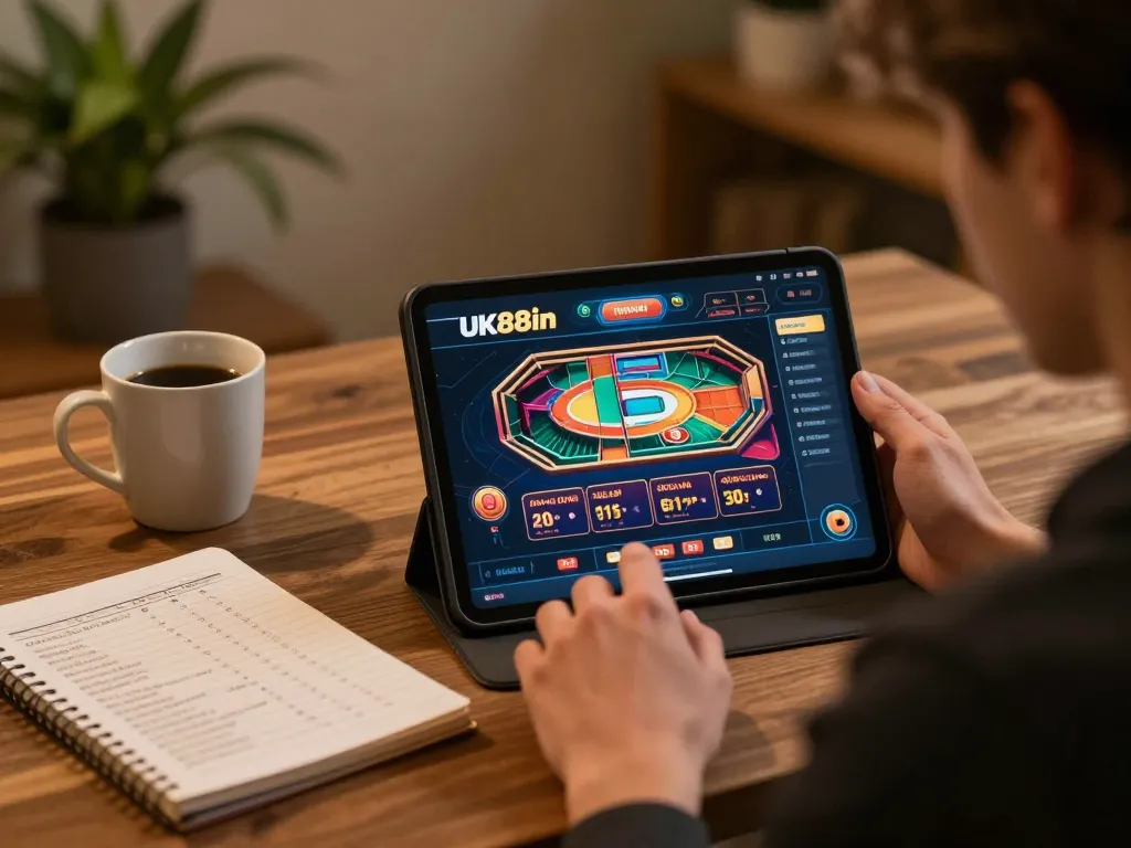 Engaging in online casino gameplay on UK88in, showcasing a cozy gaming setup with tablet and strategy notes.